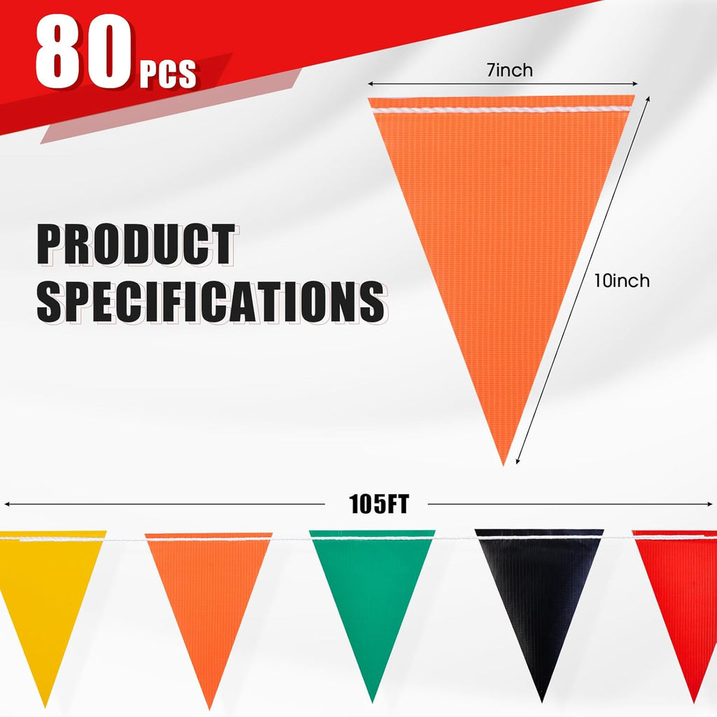 Multicolored [Enhanced Density] Safety Warning Pennant Banner Flag Sign – 105FT OSHA High Visibility Triangle Signs for Construction Zones, Roadwork, and Hazard Areas(Multicolored,80PCS,105FT)