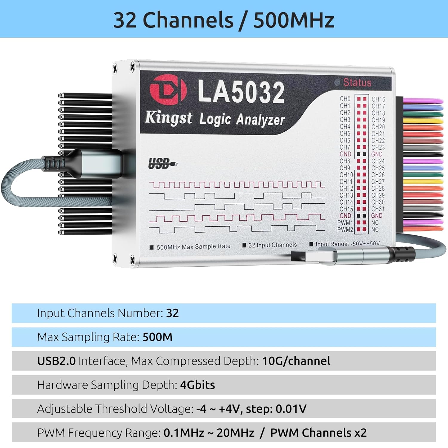 USB Logic Analyzer LA5032 32 Channels 500MHz 10G Samples for MCU ARM FPGA Debug Tool MIPI Analyzer with English Software Compatible with Windows Mac Linux