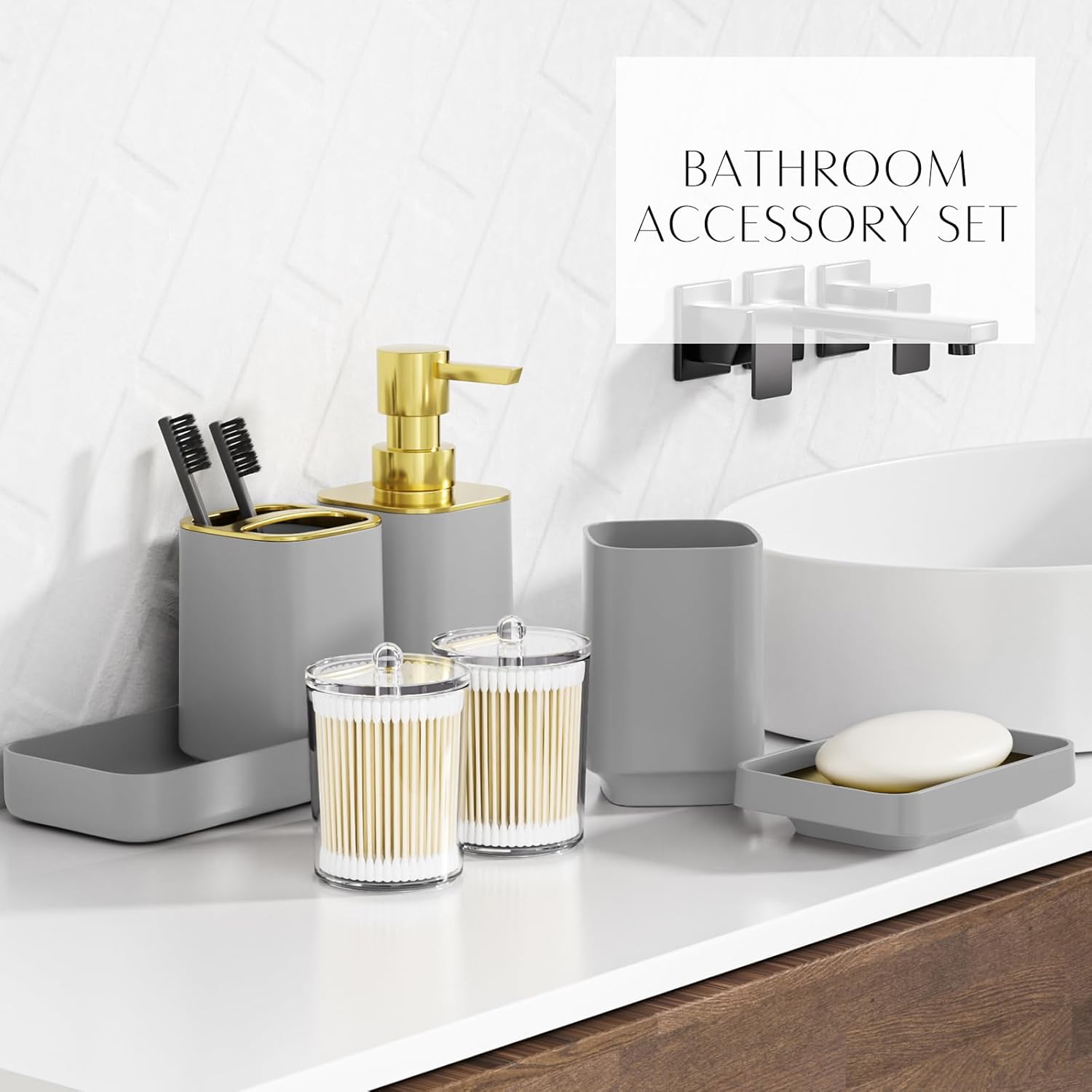 25PCS Bathroom Accessory Set, Beige Bathroom Set with Large-Capacity 4 Gallon Trash Can,Bathroom Rugs Set, Waterproof Shower Curtain, Toilet Brush, Toothbrush Holder & Soap Dispenser