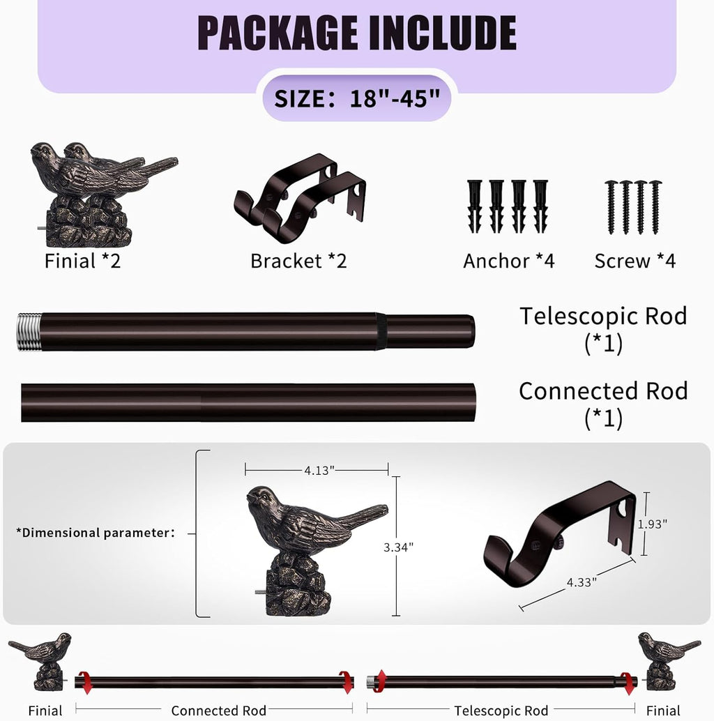 Curtain Rods 18 to 45 Inches Vintage Oil Bronze Curtain Rods for Windows Adjustable Drapery Rod with Bird Finials Heavy Duty Brown Curtains Rod for Kitchen Window Living Room