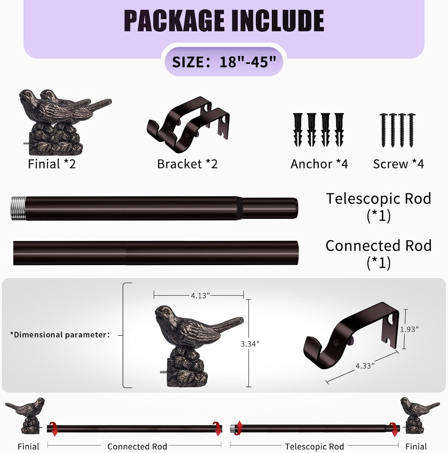 Curtain Rods 18 to 45 Inches Vintage Oil Bronze Curtain Rods for Windows Adjustable Drapery Rod with Bird Finials Heavy Duty Brown Curtains Rod for Kitchen Window Living Room