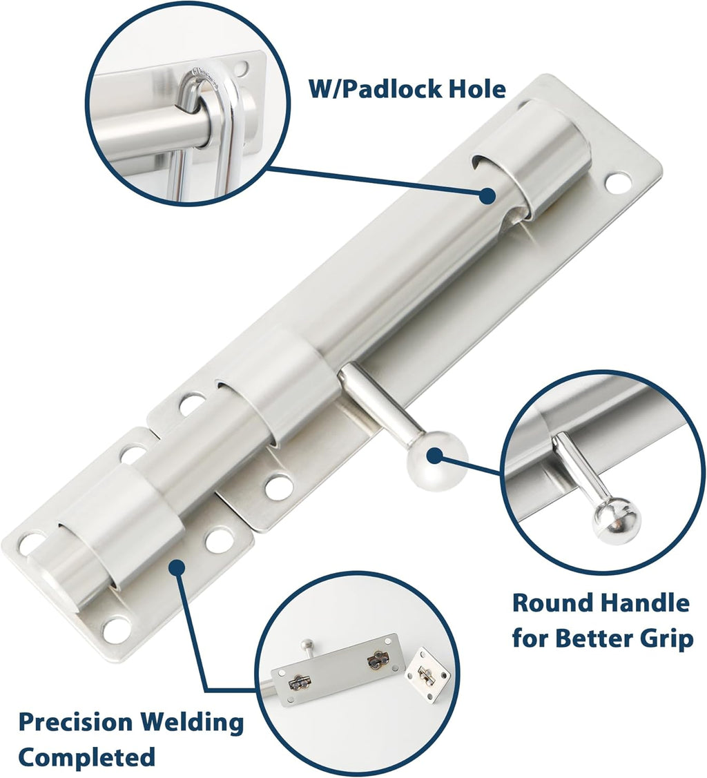 Alise 6 inch Barrel Bolt Latch,Slide Bolt Latch, Heavy Duty Solid SUS304 Stainless Steel Slide Lock for Wooden Fence,Barn Door,Interior or Outdoor Door Brushed Nickel MS8000-LS