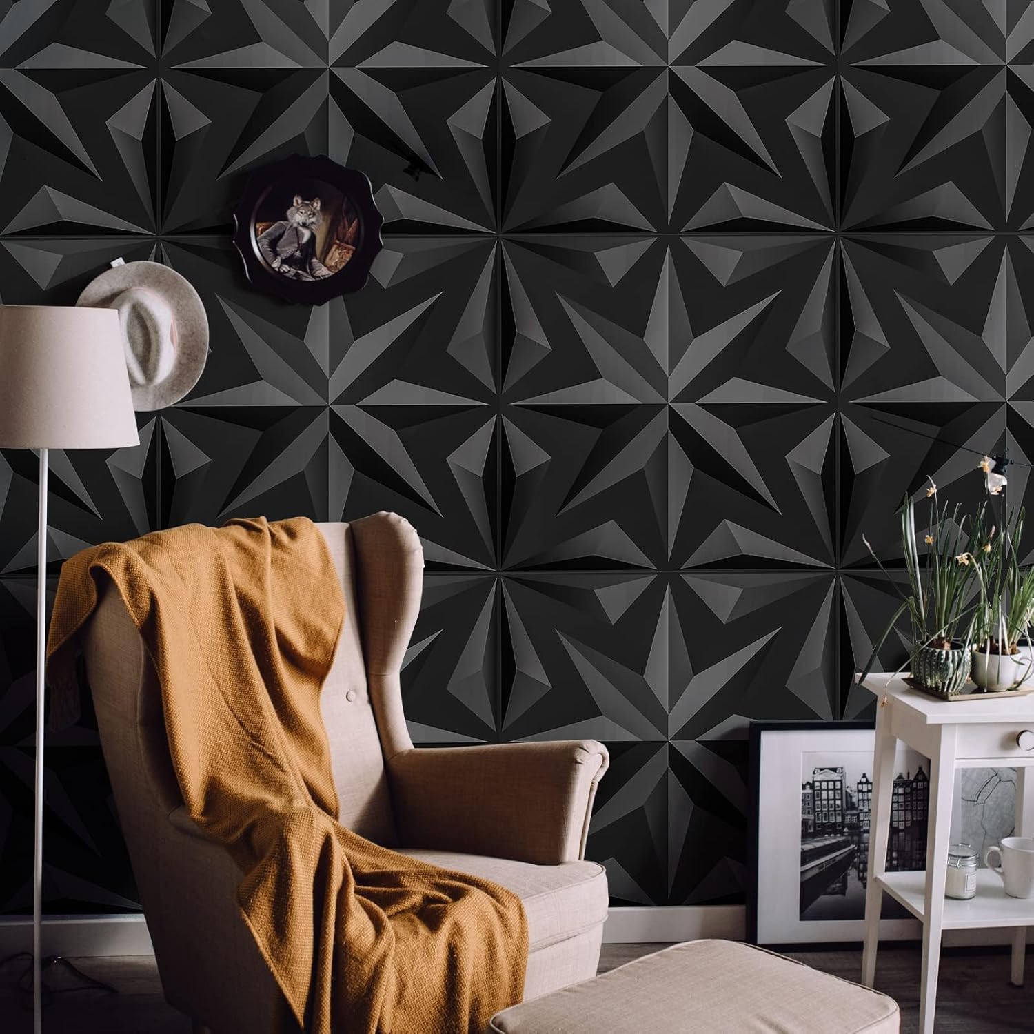 Art3d Decorative 3D Wall Panels Art Petal Pack of 12 Tiles 32 Sq Ft, Black