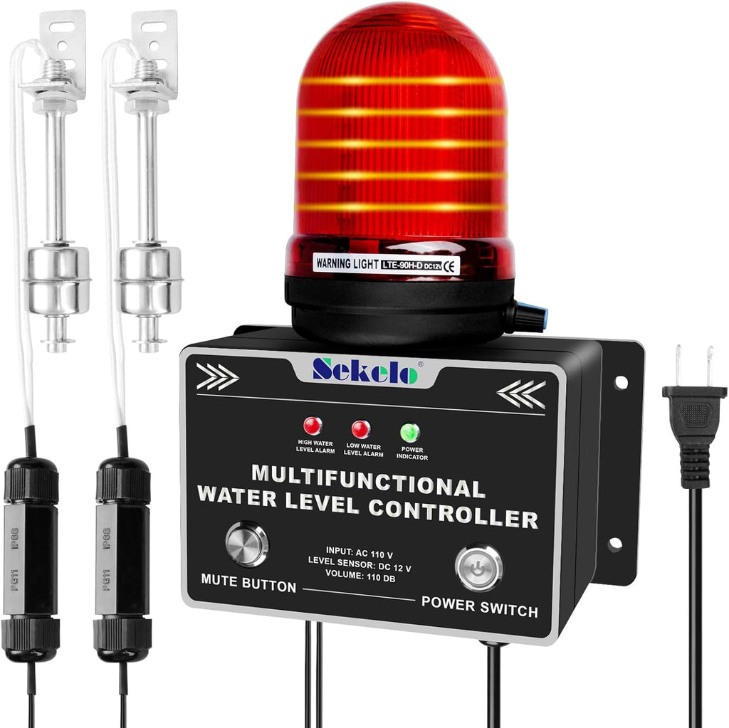 110V Sump Pump Alarm – High/Low Water Level Alarm with 30-110dB Loud Siren and LED Indicator Light, 16ft Probe Cable, Ideal for Sewage Pumps and Basements