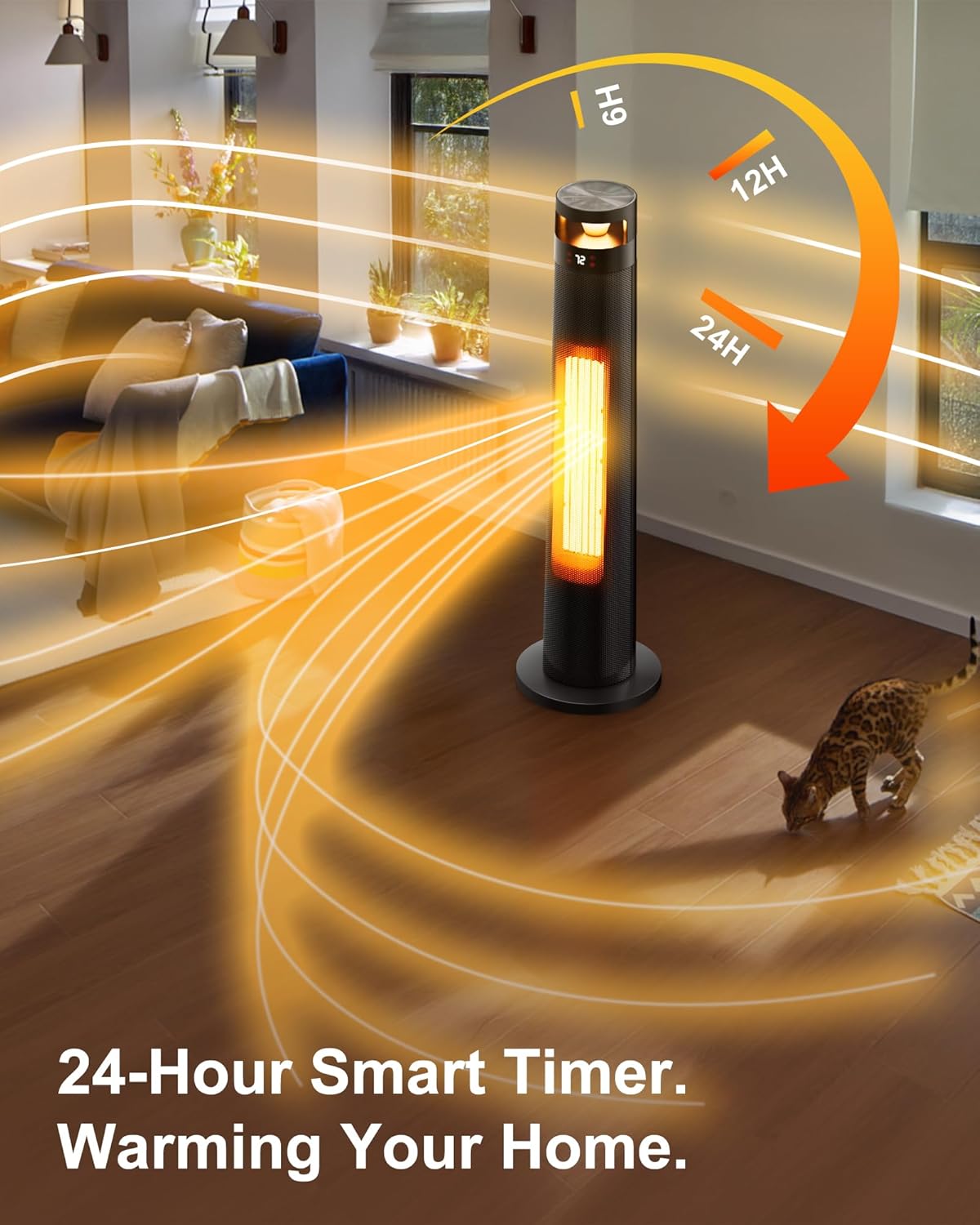 AKIRES 34IN Space Heater Large Room,1500w Space Heater For Indoor Use,120°Oscillating Tower Heater With Thermostat,Remote Control,Overheat & Tip-Over Protection,24H Timer For Large Rooms Black