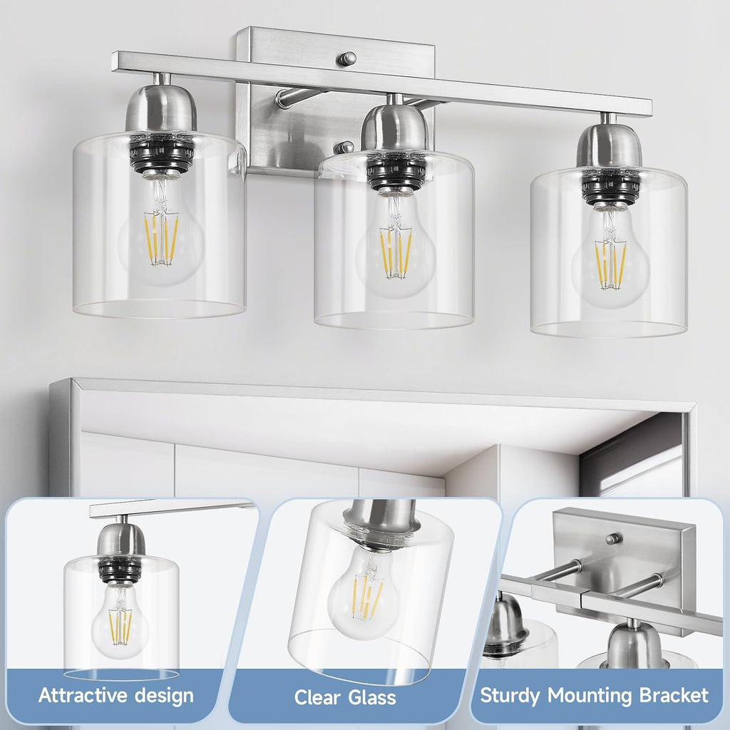 Modern Brushed Nickel 3 Light Bathroom Light Fixtures,19 inch Vanity Lights for Bathroom with Clear Glass Over Mirror for Mirror Kitchen Living Room