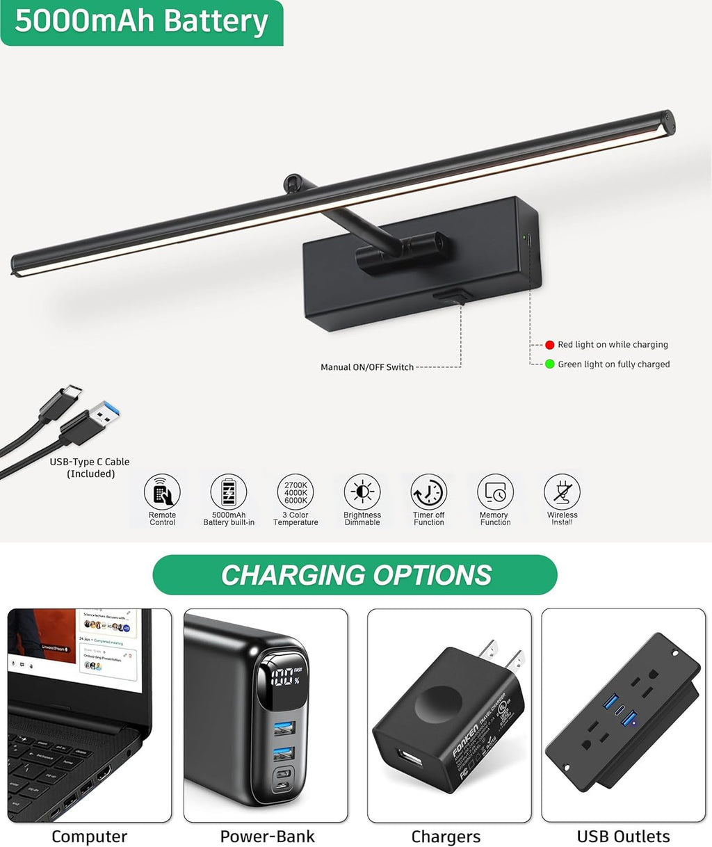 Battery Operated Picture Light with Wireless Remote 3CCT Dimmable Black Wall Art Lights for Paintings Rechargeable Home Decor Gallery Light 24’‘ Artwork Lighting for Canvas Timer Function