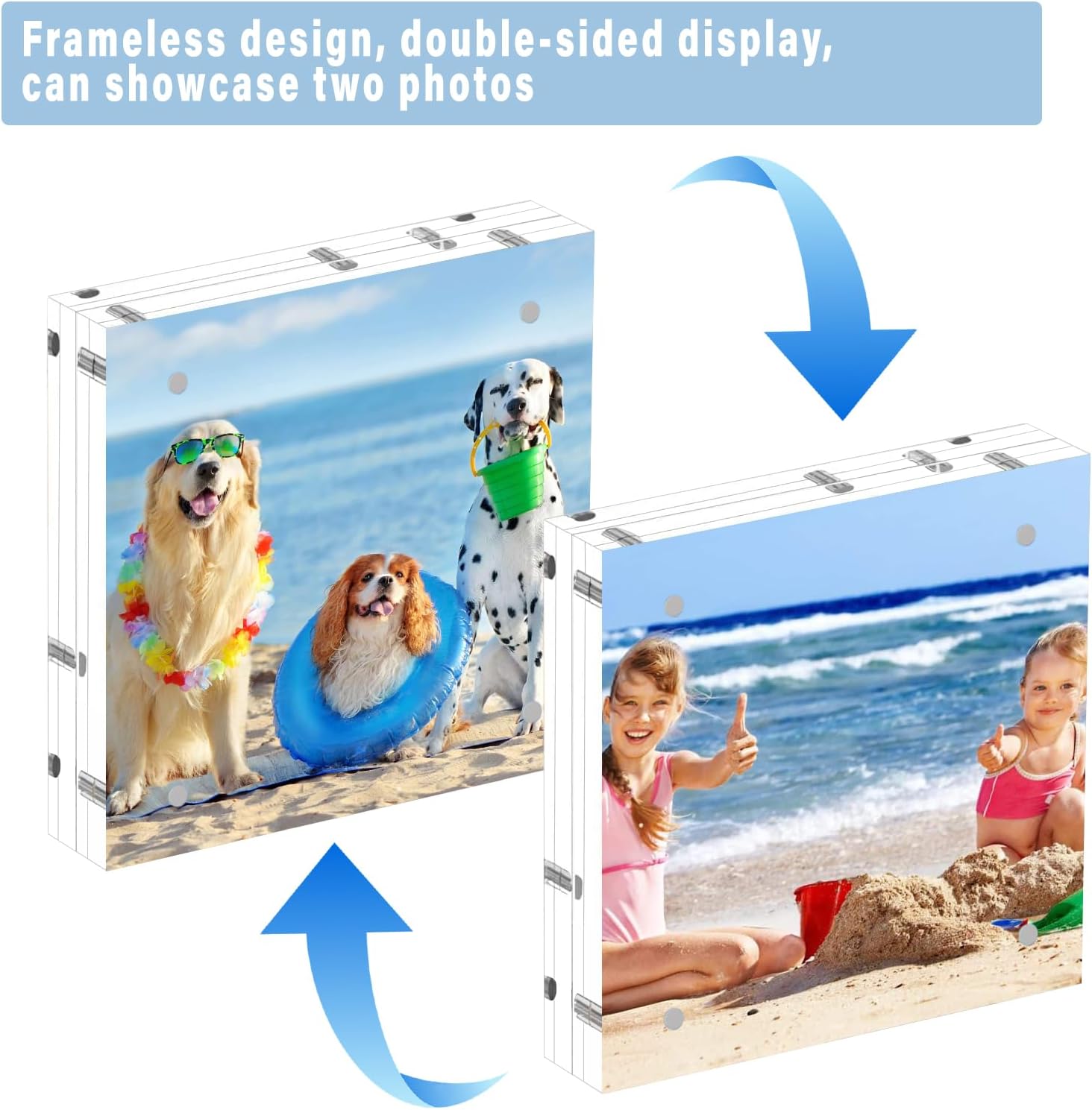 HELPLEX 5 Pack 8x8 Acrylic Picture Frames, 24mm Thicker Square Frameless Clear Frame Double Sided Magnetic Frame, Free Standing Desktop Display Stand Acrylic Frames
