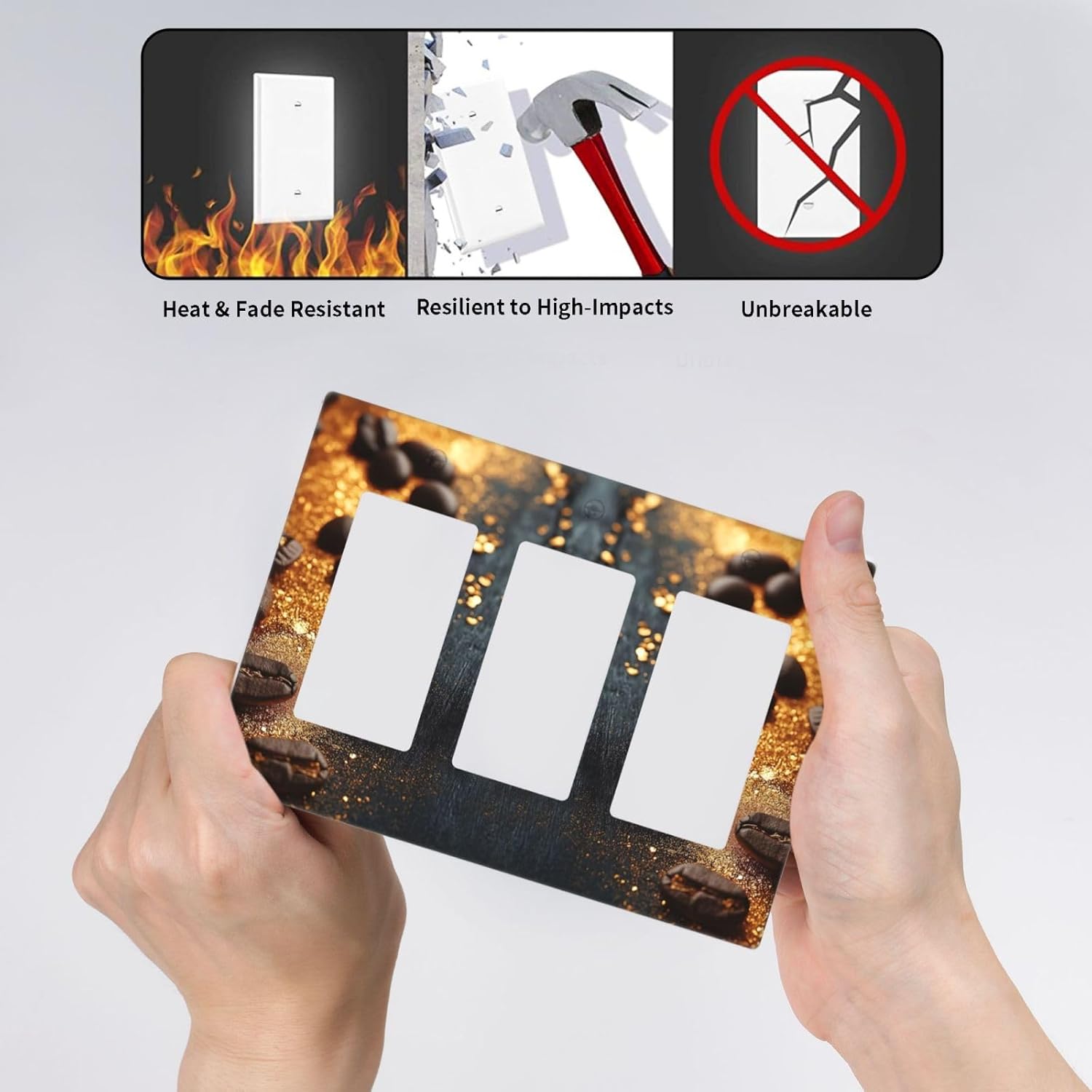 Decorative Outlet Covers Black Wood Board Gold Dust Coffee Beans 3 Gang Wall Plate Triple Rocker Light Switch Cover Plate Jumbo Electrical GFCI Face Plate for Caffee Room