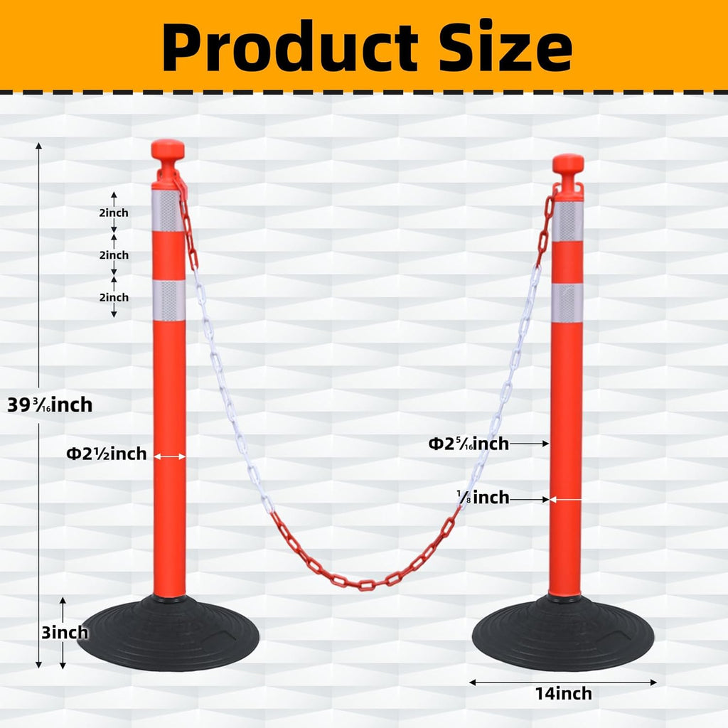 6 Pack 39 Inch Red Traffic Delineator Posts with 2 White Reflective Collars, Safety Posts Cones with 6.6 Feet Chains and 14 Inch Rubber Base for Road Safety,Parking Lot (Red)