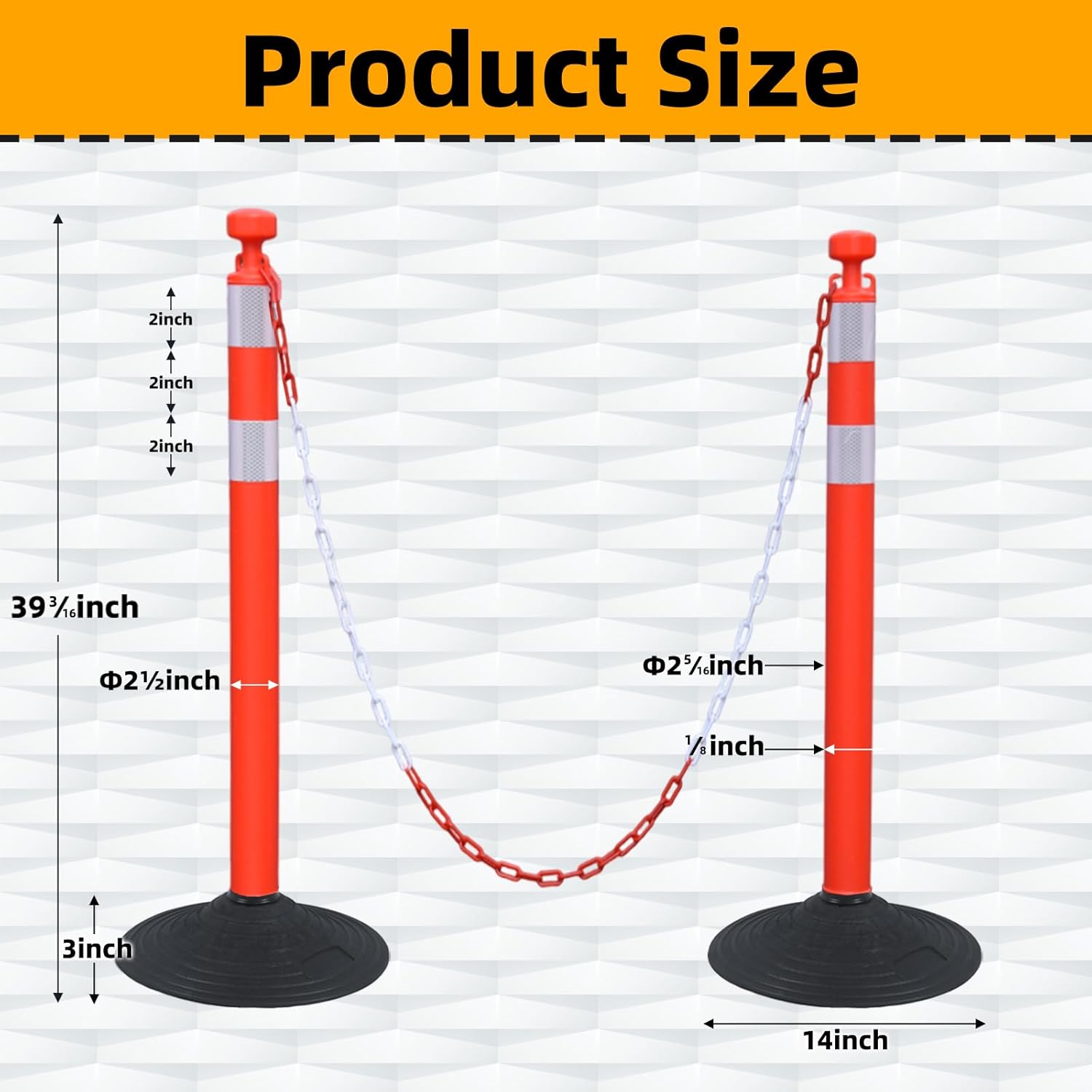 6 Pack 39 Inch Red Traffic Delineator Posts with 2 White Reflective Collars, Safety Posts Cones with 6.6 Feet Chains and 14 Inch Rubber Base for Road Safety,Parking Lot (Red)