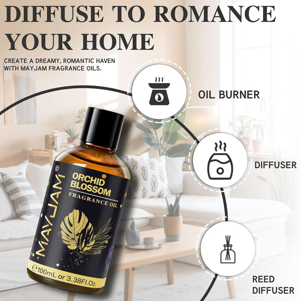 Orchid Blossom Fragrance Oil Essential Oil, MAYJAM 3.38FL.OZ Orchid Blossom Oil for Diffusers for Home, Long Lasting Scented Oils for Soap Candle Making - 100ML
