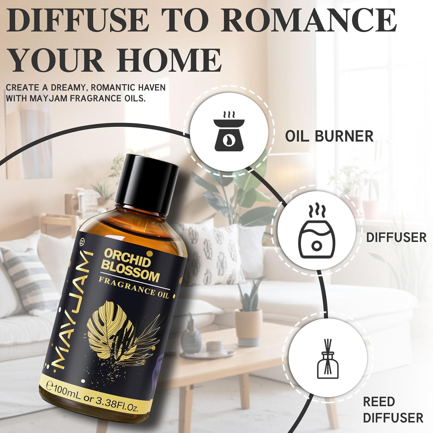 Orchid Blossom Fragrance Oil Essential Oil, MAYJAM 3.38FL.OZ Orchid Blossom Oil for Diffusers for Home, Long Lasting Scented Oils for Soap Candle Making - 100ML