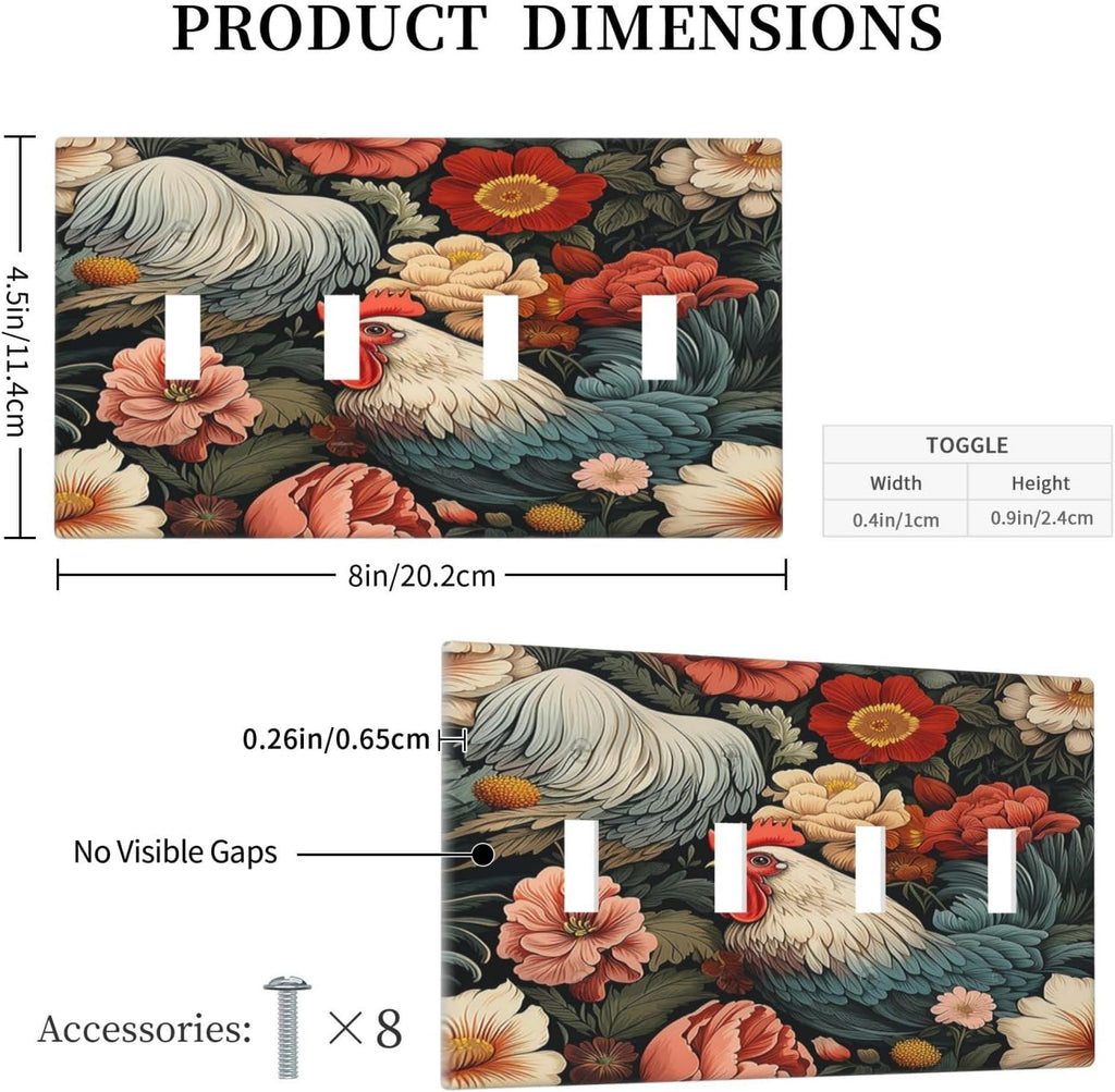 Light Switch Covers Rooster Flowers Red White Chicken Floral Quad Toggle Electrical Faceplate 4 Gang Wall Plate Decorative Switch Plates for living Room Farmhouse Decor