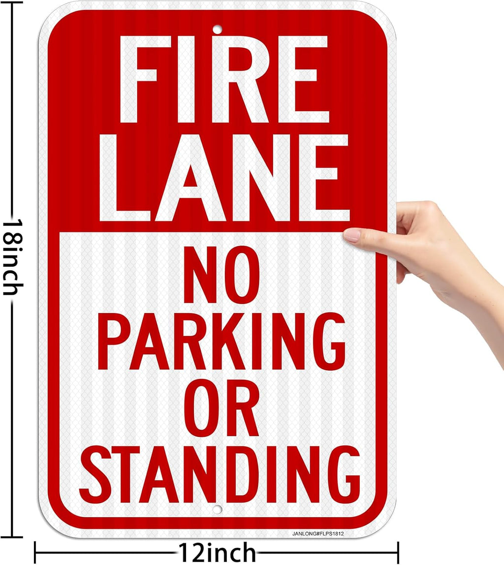 2 Pack- Fire Lane No Parking Or Standing Sign, 18" x 12" Heavy-Duty Aluminum Fire Lane Sign, UV Protected, Reflective, Weather Resistant, Waterproof, Durable Ink, Easy to Mount