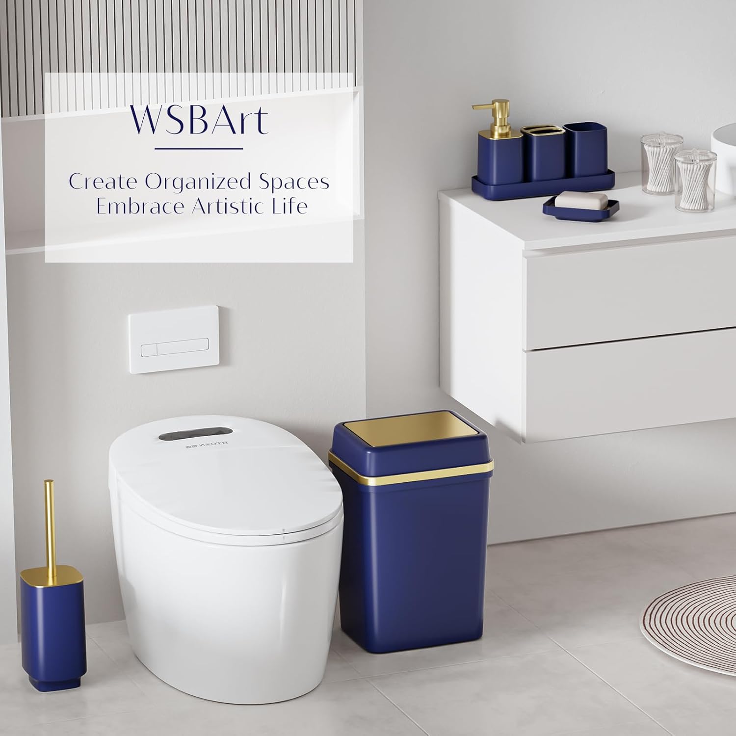 9PCS Bathroom Accessory Set, Navy Blue Bathroom Set with Large-Capacity 4 Gallon Trash Can, Bathroom Accessories Set Complete Toothbrush Holder, Soap Dispenser, Toilet Brush, Bathroom Decor