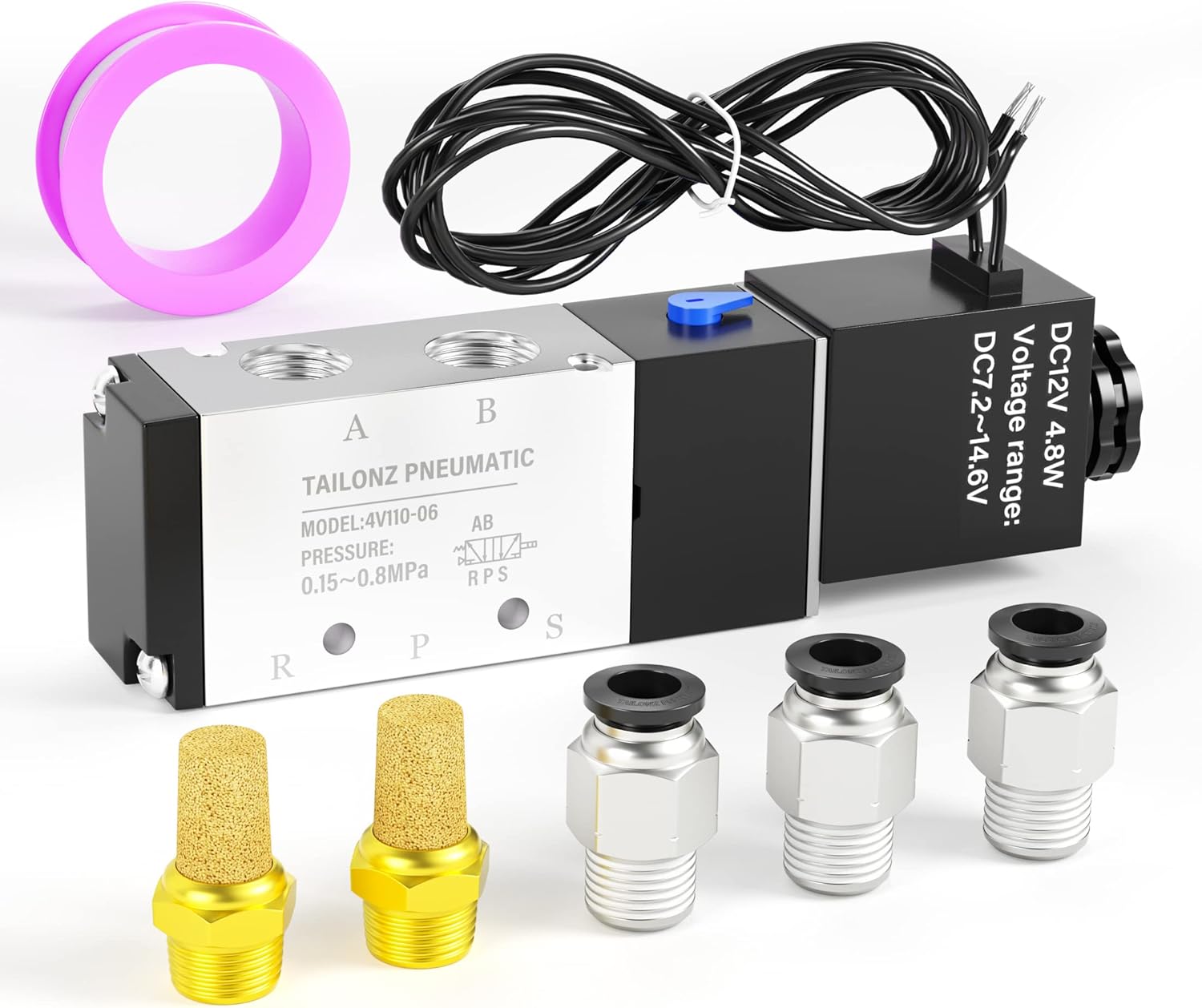TAILONZ PNEUMATIC 1/8"NPT Solenoid Valve 4V110-06 DC12V Single Coil Pilot-Operated Electric 2 Position 5 Way Connection Type Outlet wire