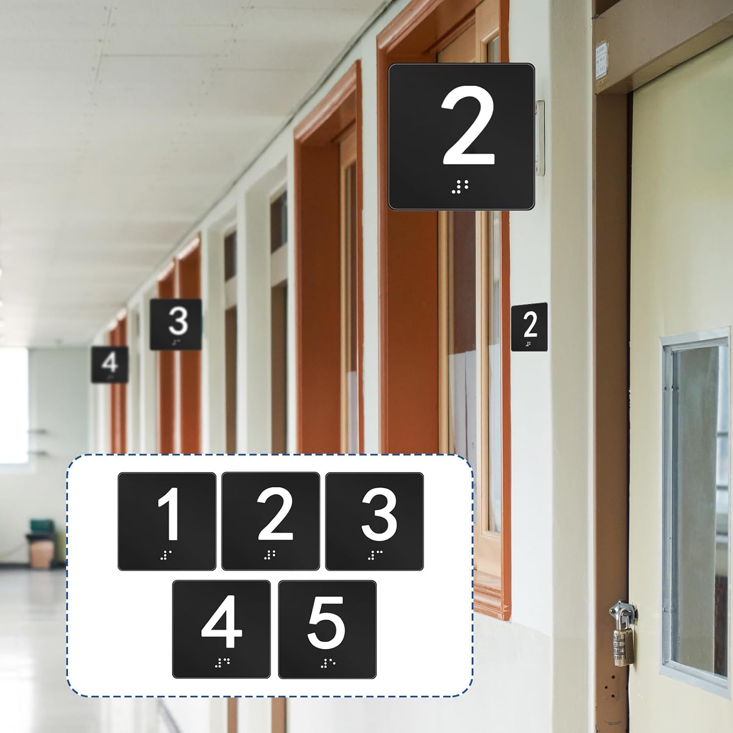 Exam Room Sign Numbers 1-5 with Braille and Tactile 4" x 4" Identification Signs Numbers for Exam Rooms Offices Educational Institution Directional Assistance Test Center (Black/white)