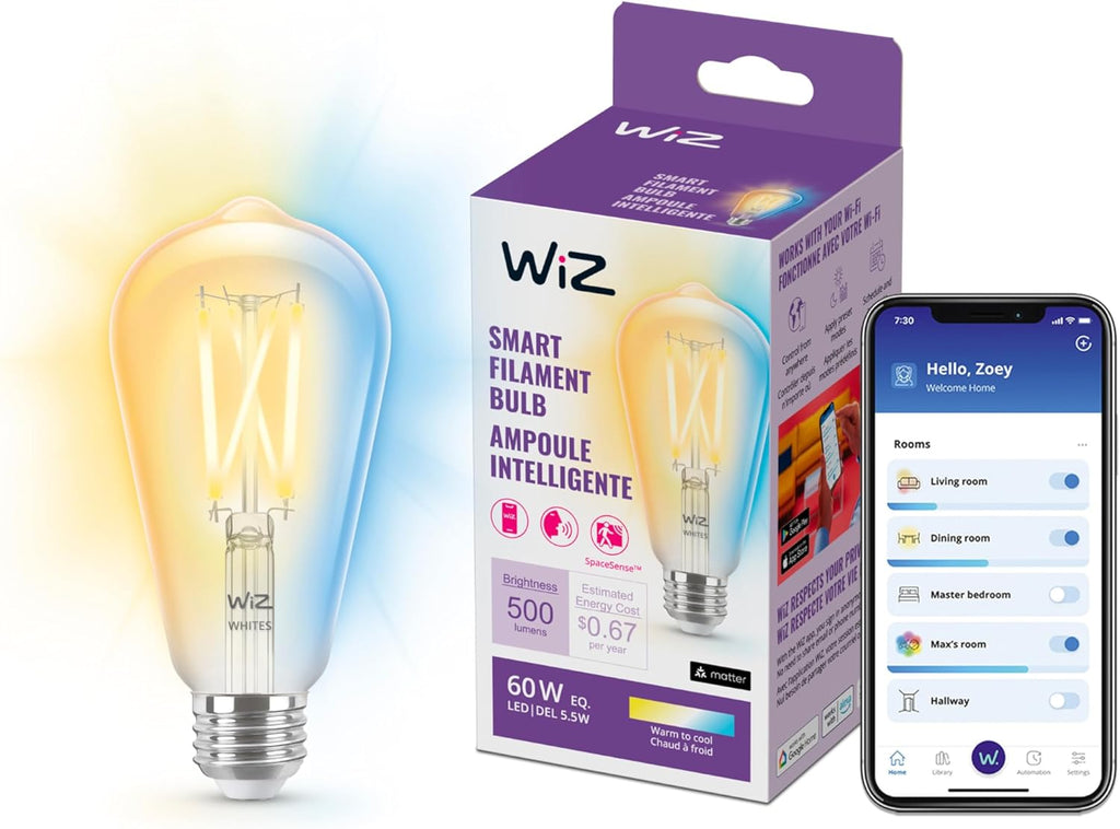 WiZ Connected 60W ST19 Tunable White Filament LED Smart Light Bulbs - Connects to Your Wi-Fi - E26 Smart Bulb - Control with Voice or App + Activate with Motion - Matter Compatible - 1 Pack