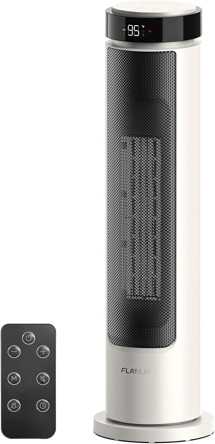 1500W Tower Indoor Space Heater for Home with Programmable Thermostat, 12H Timer & Remote Control, Oscillation and ECO Mode, Electric Heaters for Office, Bedroom, Home (Ivory)