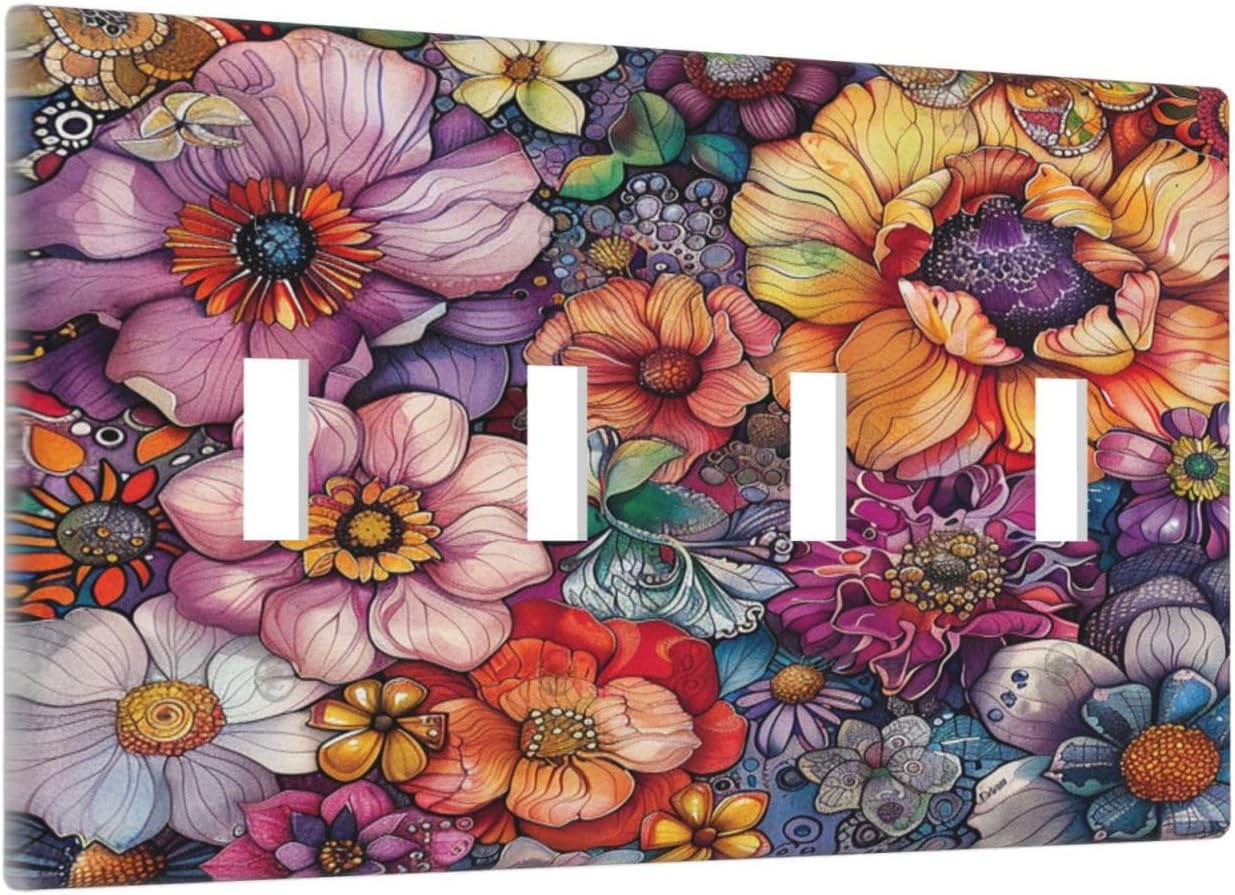 Light Switch Covers Colorful Bohemian Flowers Vintage Boho Floral Quad Toggle Electrical Faceplate 4 Gang Wall Plate Decorative Switch Plates for Bed Room living Room Decor