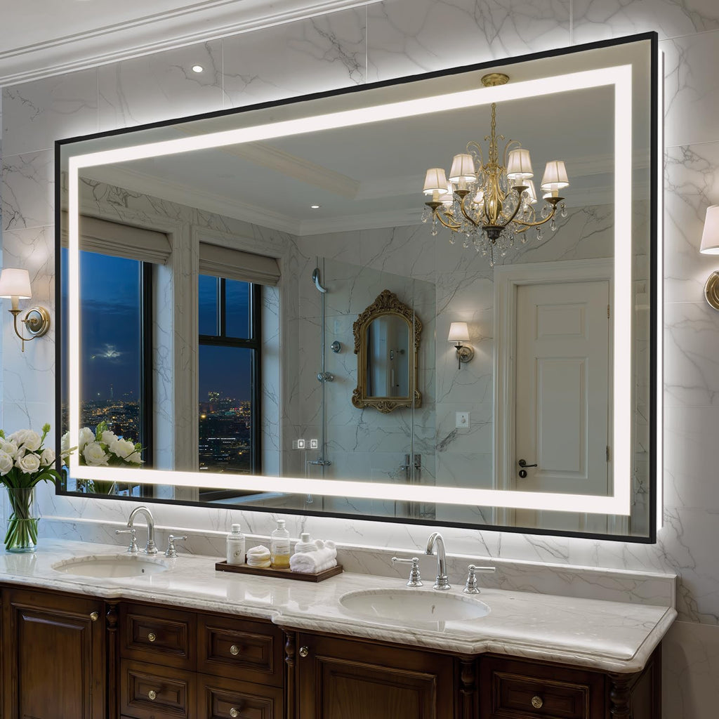 72X40 Inch LED Bathroom Mirror with Lights, Black Frame Frontlit+ Backlit Bathroom Vanity Mirror for Wall, Ultra-Clear Tempered Glass, Shatter-Proof, Anti-Fog and Memory Function, ETL Listed