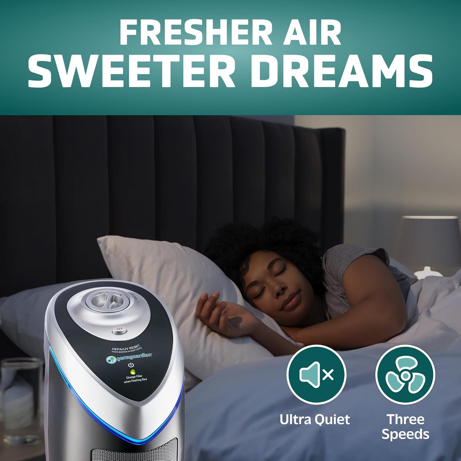 GermGuardian 4-In-1 HEPA Air Purifier for Home, Large Rooms Up To 743 Sq. Ft. with HEPA Air Filter, UV-C Light & Odor Reduction, AC4825E, 22" Tower, Gray
