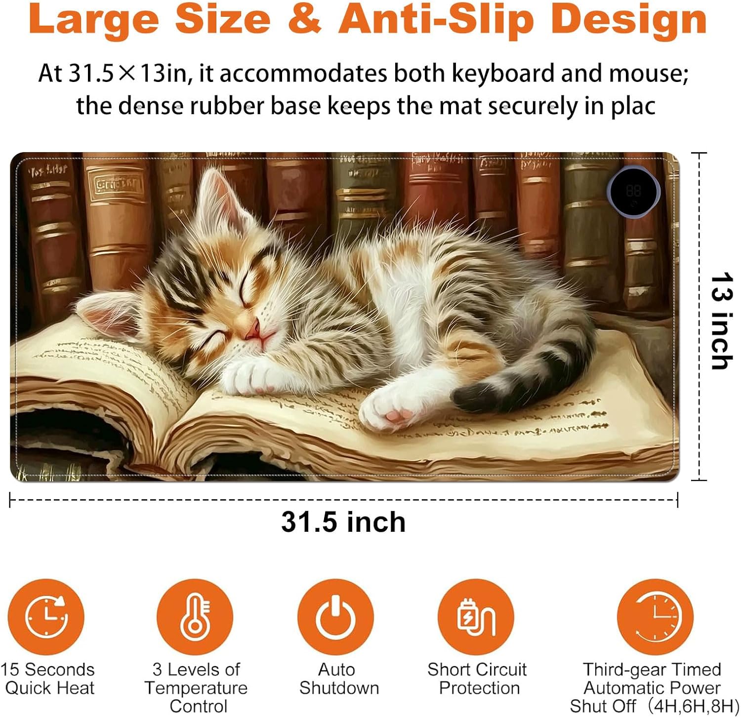 Heated Mouse Pad for Desk 31.5" x 13" – PU Leather Warm Desk Pad with 3 Heat Levels (104°F/113°F/122°F), Plug-in Electric Heating Mat with Auto Shut-Off, Waterproof & Rollable, Kitten on Book