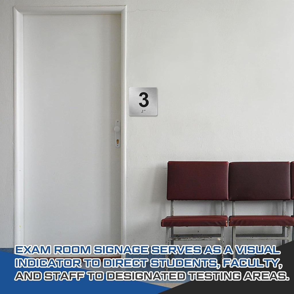 Exam Room Sign Numbers 1-5 with Braille and Tactile 4" x 4" Identification Signs Numbers for Exam Rooms Offices Educational Institution Directional Assistance Test Center, Silver/Black