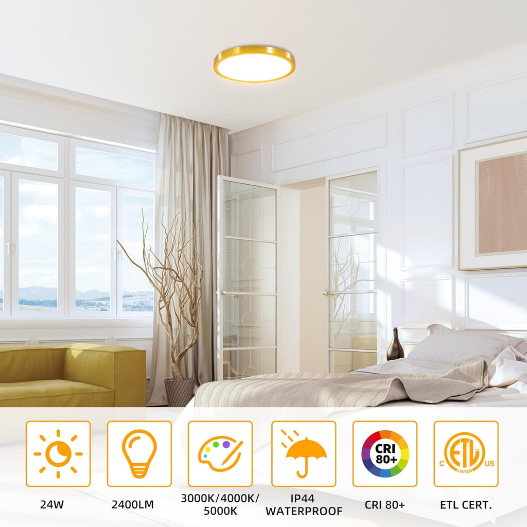 Hlite 6pack 12 inch Flush Mount LED Ceiling Light Fixture,24W 2400LM Super Slim Light Fixtures Ceiling Mount 3000K/4000K/5000K 3CCT Selectable,Light Fixtures for Kitchen,Bedroom (Gold)