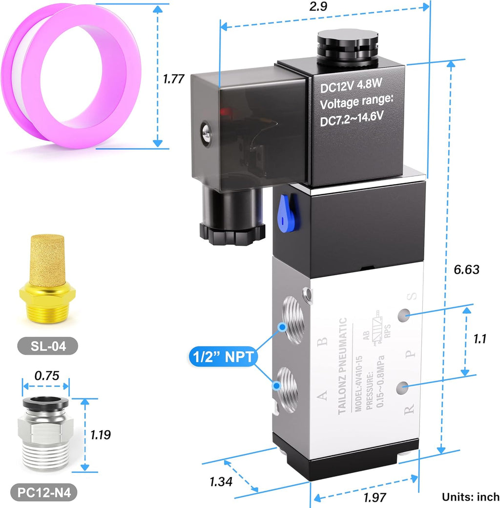 TAILONZ PNEUMATIC 1/2"NPT Solenoid Valve 4V410-15 DC12V Single Coil Pilot-Operated Electric 2 Position 5 Way Connection Type Junction Box