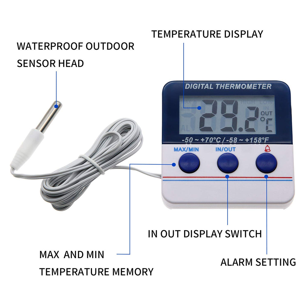 Fridge Thermometer Freezer Thermometer Digital Refrigerator Thermometer with Magnetic Attachment in-Outdoor Alarm Thermometer with Waterproof Outdoor Sensor for Home Kitchen (Model AMT-105)
