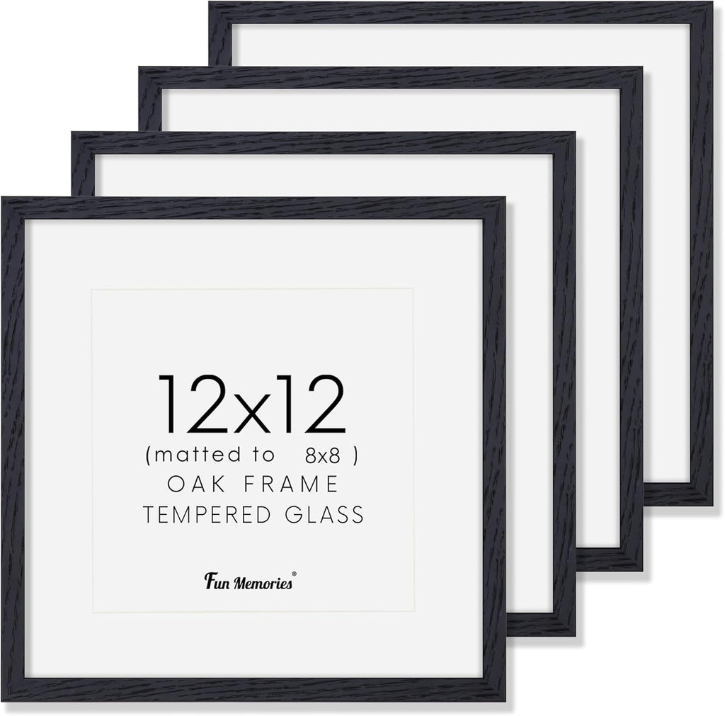 12x12 Picture Frames Set of 4, Black Wood Picture Frame 12 x 12, Oak Wood 12 by 12 Frames with Real Glass, Square 12 x 12 Photo Frames for Wall, 12x12 Frame with Mat for 8x8, Wall Gallery Frame Set