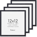 12x12 Picture Frames Set of 4, Black Wood Picture Frame 12 x 12, Oak Wood 12 by 12 Frames with Real Glass, Square 12 x 12 Photo Frames for Wall, 12x12 Frame with Mat for 8x8, Wall Gallery Frame Set