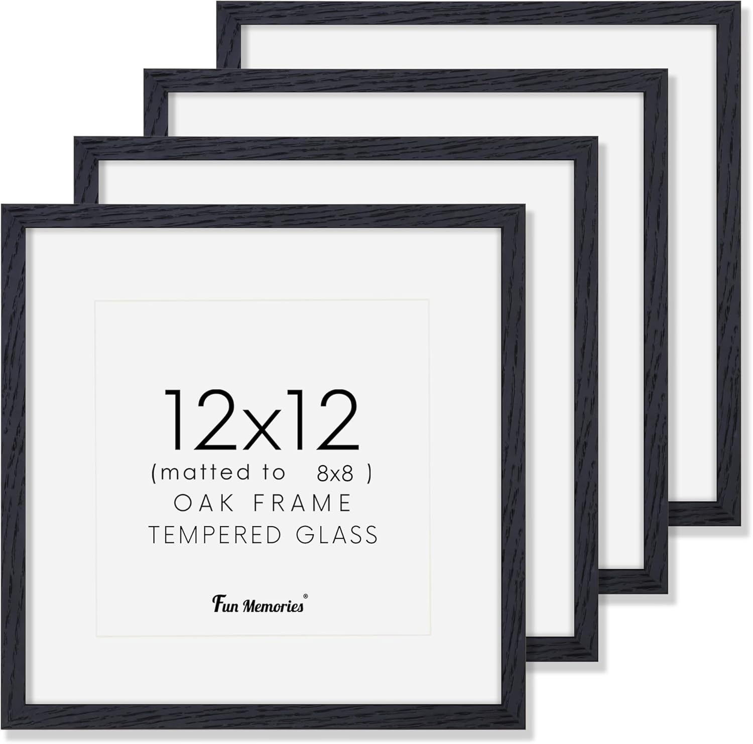 12x12 Picture Frames Set of 4, Black Wood Picture Frame 12 x 12, Oak Wood 12 by 12 Frames with Real Glass, Square 12 x 12 Photo Frames for Wall, 12x12 Frame with Mat for 8x8, Wall Gallery Frame Set