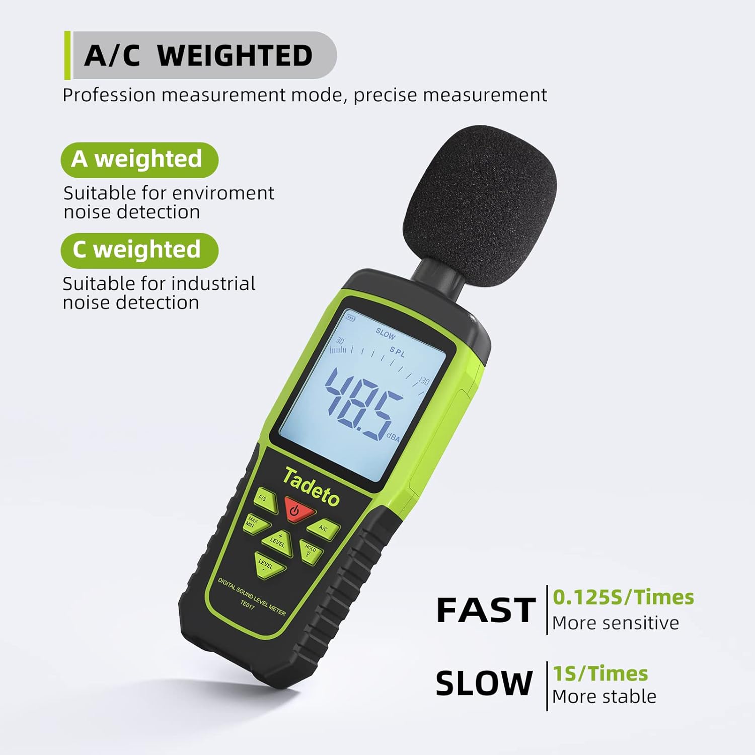 Decibel Meter, Tadeto Digital Sound Level Meter Portable SPL Meter 30dB to 130dB(5 Measurement Range) Backlight LCD Display, MAX/MIN Noise Measurement, Audible and Visual Alarms,Data Hold, A/C Mode