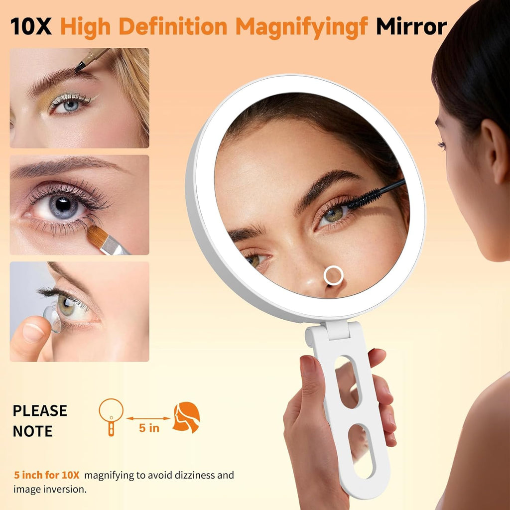 Travel Makeup Mirror with Lights, Lighted Magnifying Mirror 10X, 4-in-1 Portable for Handheld, Tabletop, Hanging and Wall Mount with Suction Cup and 3 Color Light, Ideal Gift for Women and Seniors