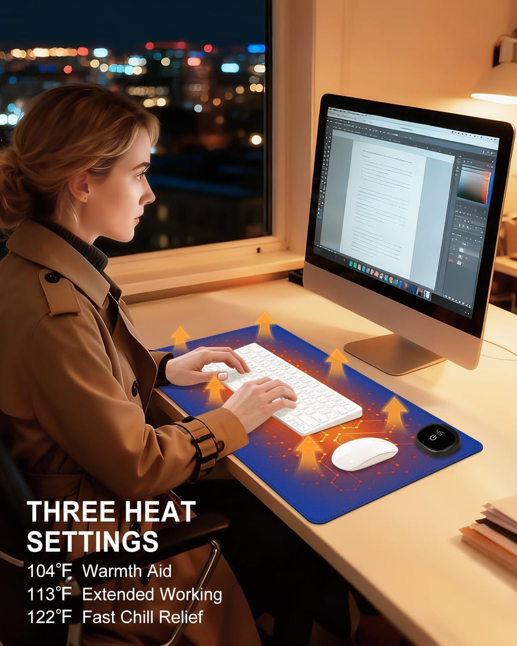 Heated Desk Pad, 23.6" x 14.2" Leather Non-Slip Warm Desk Pad, Large Mouse Mat with 3 Levels Heating & 3 Hours Auto Shut-Off, Hand and Foot Warmer for Office, Home, Navy Blue