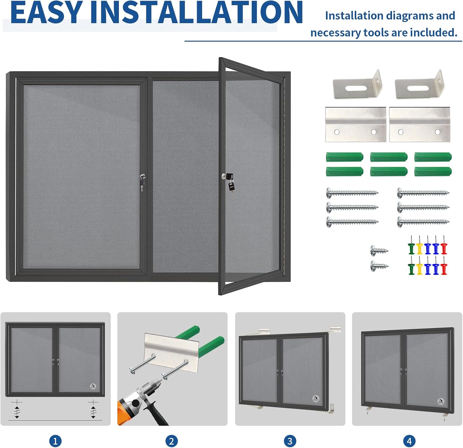 Enclosed Bulletin Board Lockable,Double-Door Weatherproof Outdoor Noticeboard with Locking Door, Wall-Mounted Aluminum Framed Presentation Board, 44x32 Inch (8xA4)