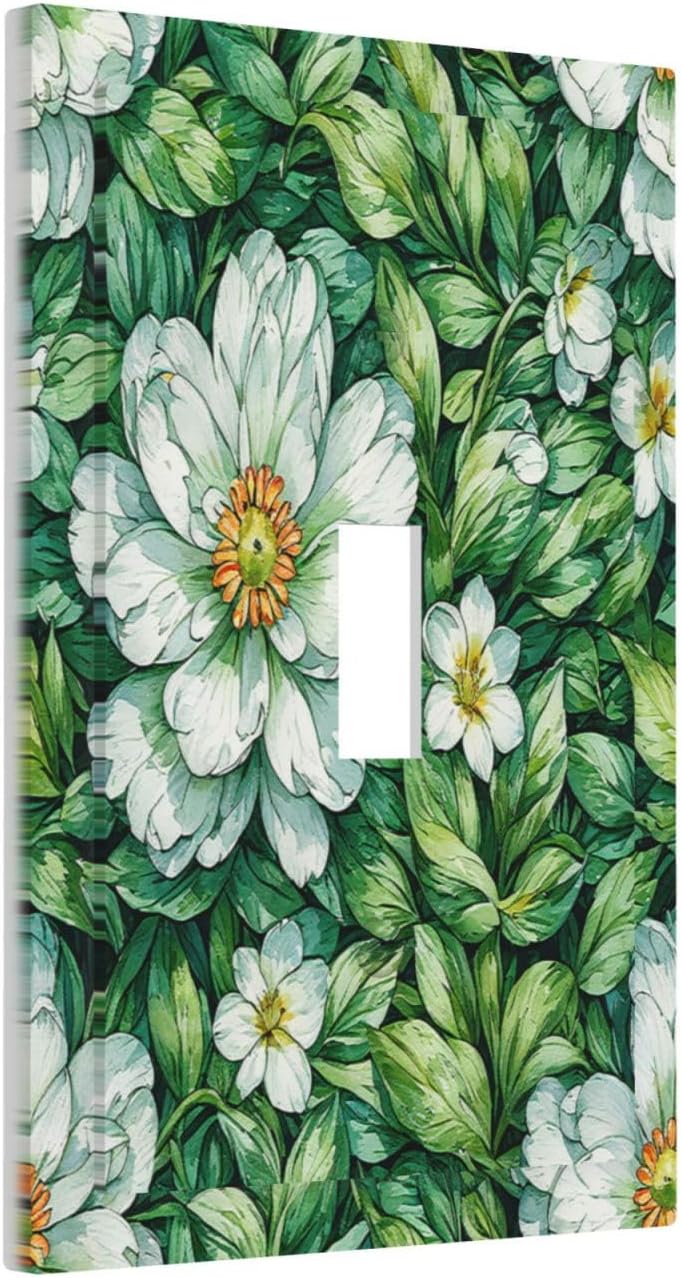 Vintage Floral White Flowers Green Plants Leaves Decorative Light Switch Cover 1 Gang Single Toggle Decorator Outlet Wall Plate Device Electrical Faceplate Switchplates for Bedroom Bathroom