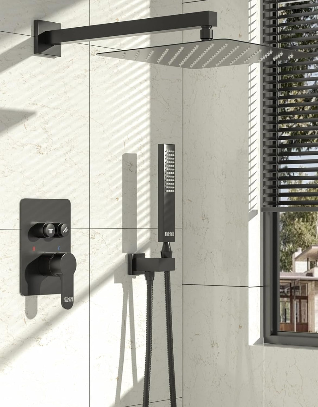 Rainfall Shower System with Handheld Spray and 12" Rain Shower Head, Can Be Use at Same Time, Push Button Multi Shower Head System for 2 People, Matte Black
