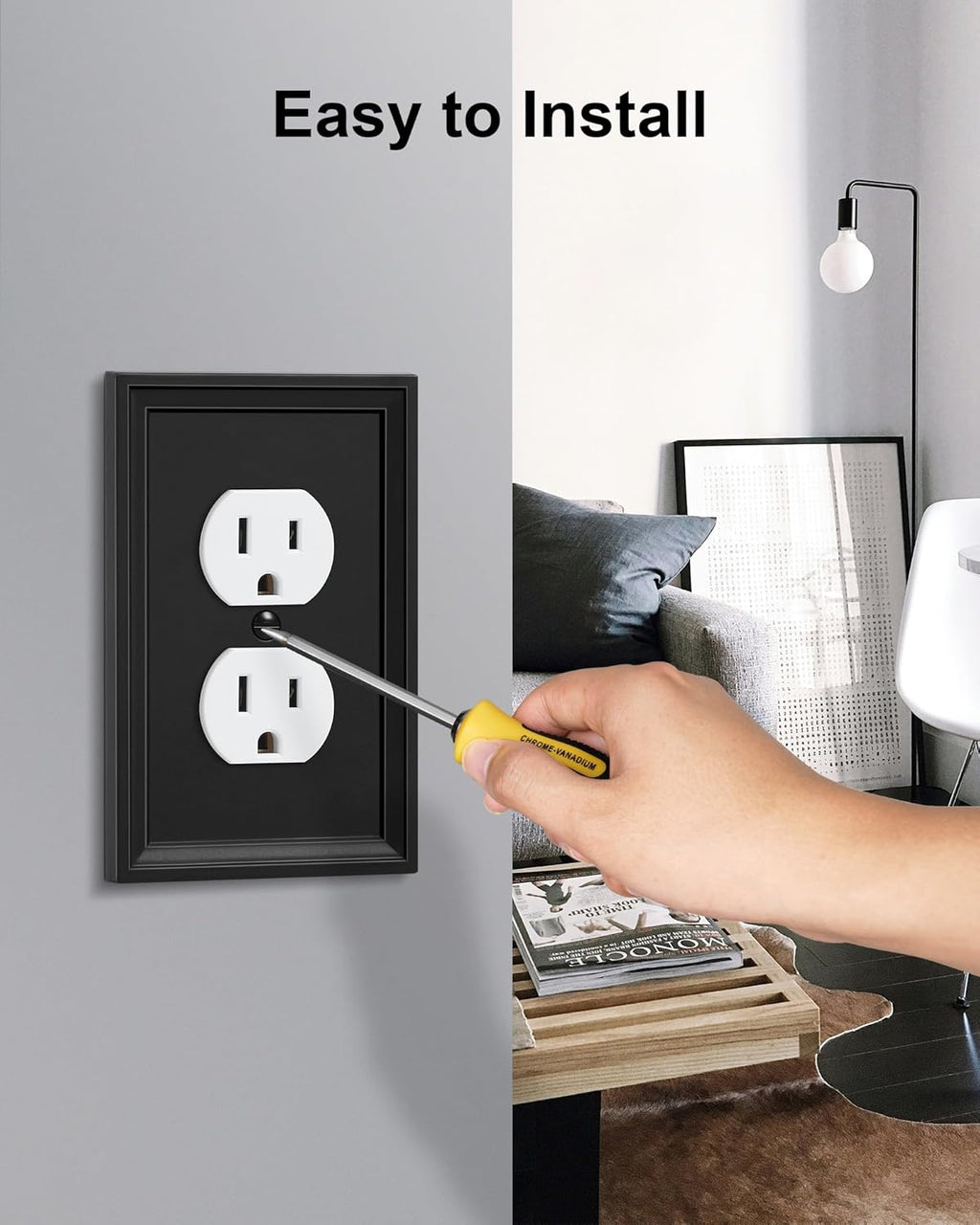 6-Pack Duplex Outlet Cover, Natural Bamboo Fiber Switch Plates and Outlet Covers, Black Decorative Wall Plates for Electrical Outlets, 1 Gang Receptacle Cover, Corrosion Resistant
