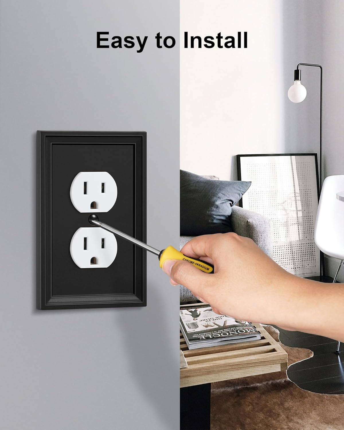 6-Pack Duplex Outlet Cover, Natural Bamboo Fiber Switch Plates and Outlet Covers, Black Decorative Wall Plates for Electrical Outlets, 1 Gang Receptacle Cover, Corrosion Resistant