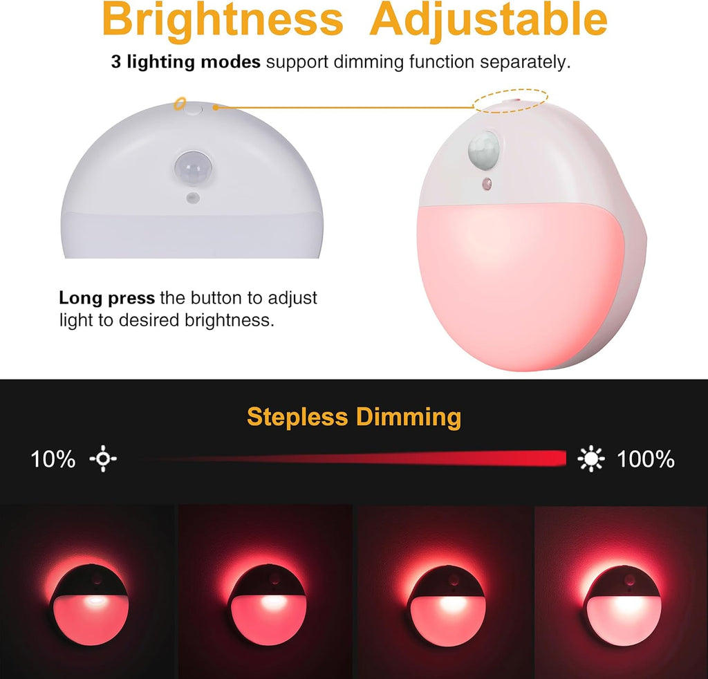 2 Pack Red Night Light, Battery Operated Night Light, 2.6" Small Sticky Lights, Dimmable Motion Sensor Light, 3 Light Modes, Portable LED nightlight for Baby, Kids, Sleep, Bedroom, Bathroom