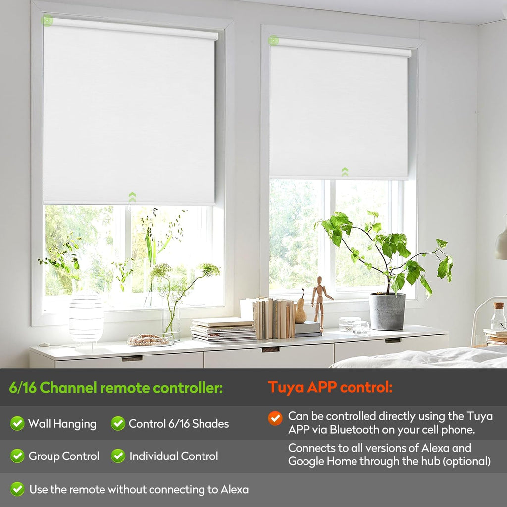 ZSTARR Motorized Blackout Roller Blinds with Remote Control,Rechargeable Smart Window Shades Compatible with Alexa Google via Hub,Fabric Wrapped Valance, Custom Size (White)
