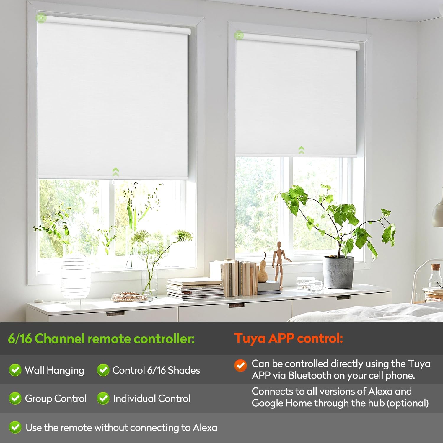 ZSTARR Motorized Blackout Roller Blinds with Remote Control,Rechargeable Smart Window Shades Compatible with Alexa Google via Hub,Fabric Wrapped Valance, Custom Size (White)