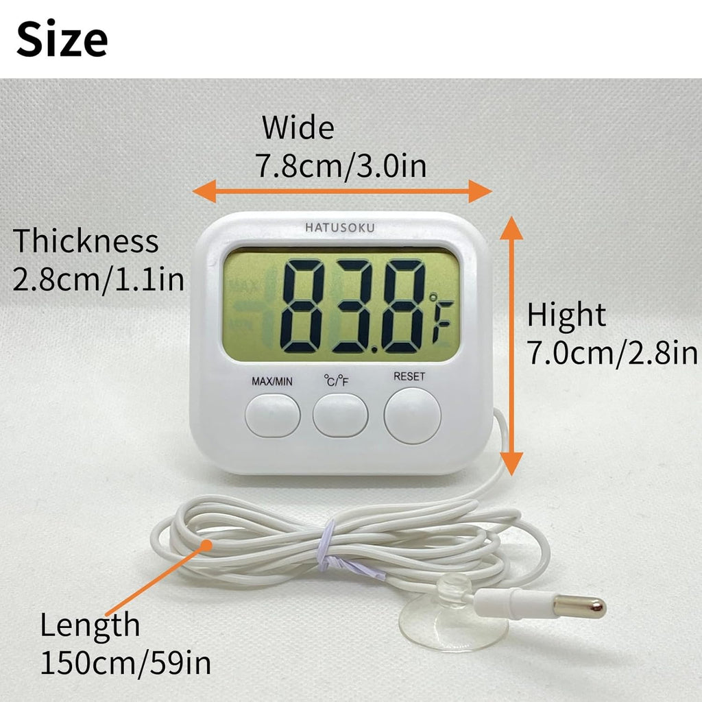 Digital Thermometer with External Sensor, Magnet, Suction Cup, Water Thermometer, Aquarium, Refrigerator, Freezer (White)