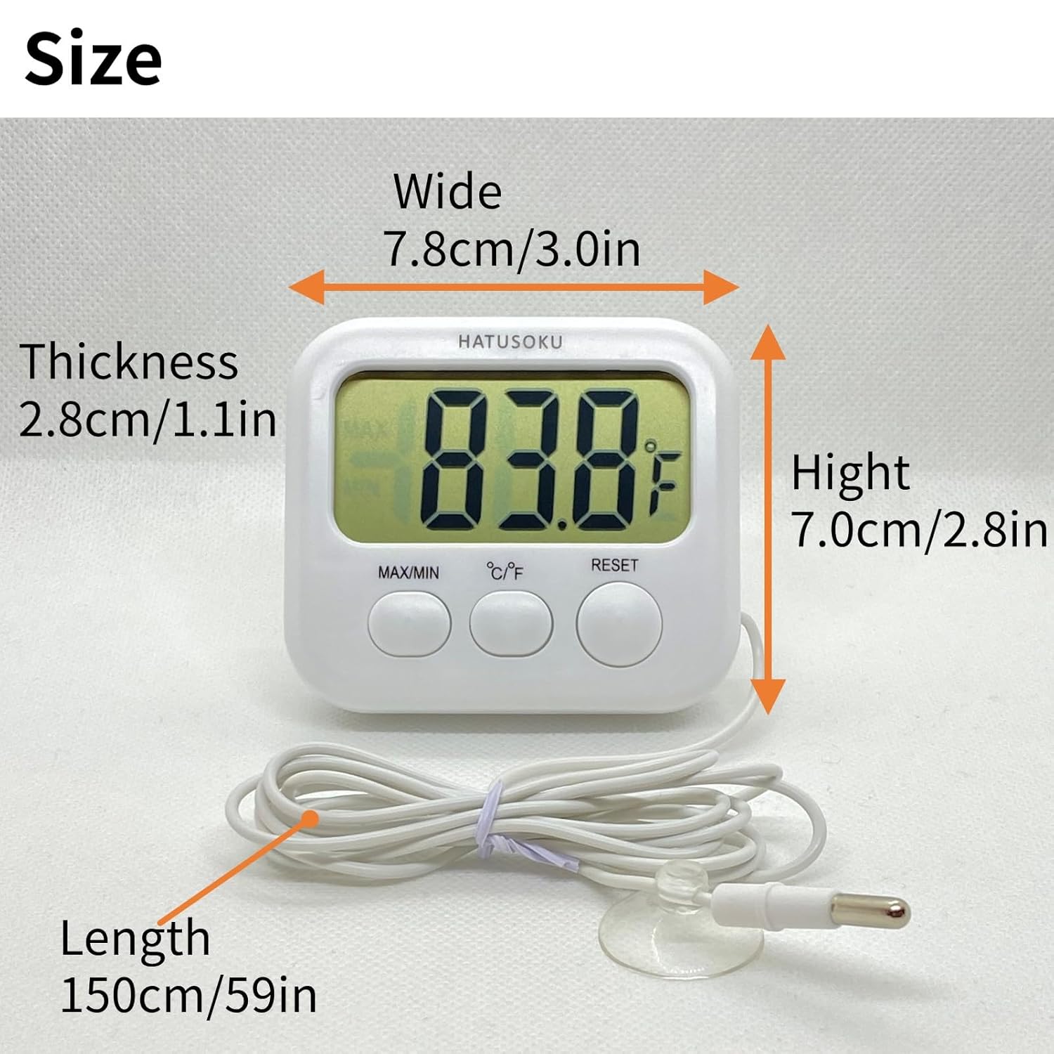 Digital Thermometer with External Sensor, Magnet, Suction Cup, Water Thermometer, Aquarium, Refrigerator, Freezer (White)