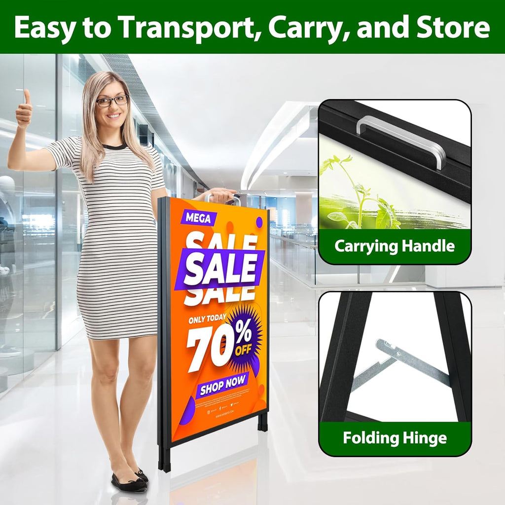 A Frame Sidewalk Sign 24 x 36 Inch Outdoor, Double-Sided Folding Sandwich Board with Handle, Heavy Duty Metal Slide-in A-Frame for Business, Advertising, Party, with 2 Plastic Boards