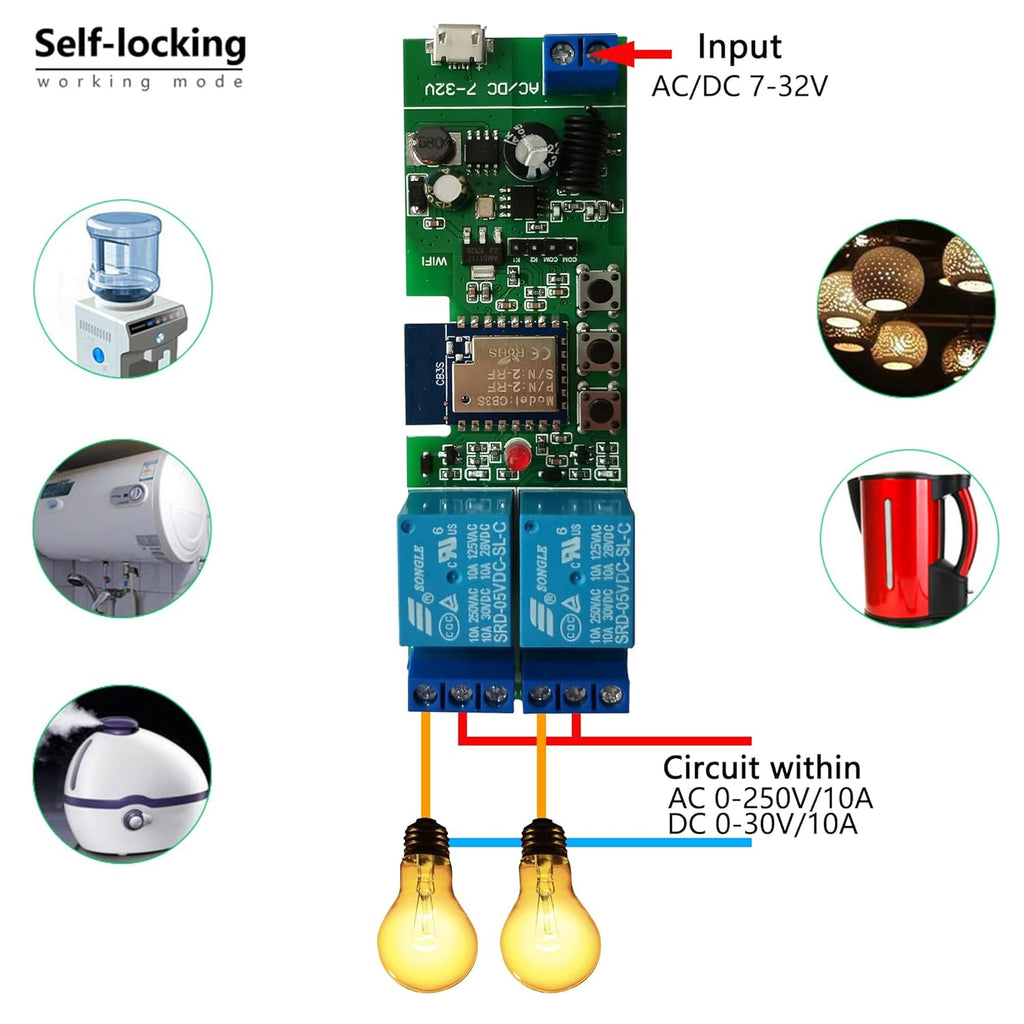 Jane Eyre WiFi Wireless Relay Module 2 Channel Remote Switch Momentary/Self-Locking Relay for Tuya/Smart Life APP with 433MHz RF Remote Control Compatible with Alexa and Google Assistant